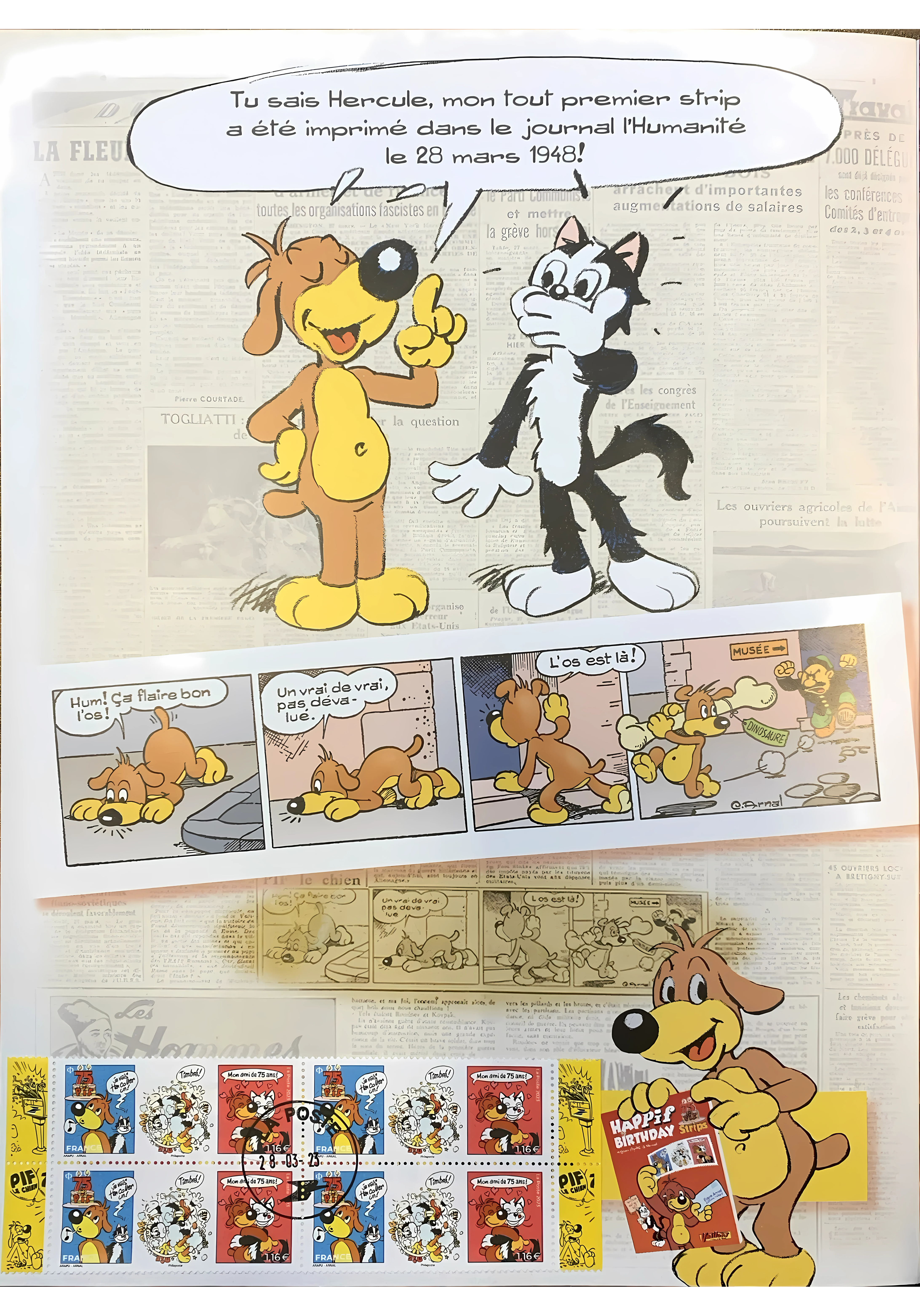 HS Événement 75 Ans – 4 Timbres Oblitérés du Jour Anniversaire avec le Premier Strip de Pif (28 Mars 1948) – Un Vrai Collector ! – Image 2